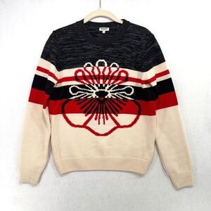 Kenzo Sweater Women S Grey Cream Striped Floral 100% Wool Japanese Designer Bold